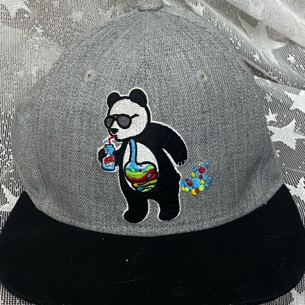 Riot Society Panda Drinking Soda Snapback Hat Gray Black Flat Bill Cap Mens OSFM